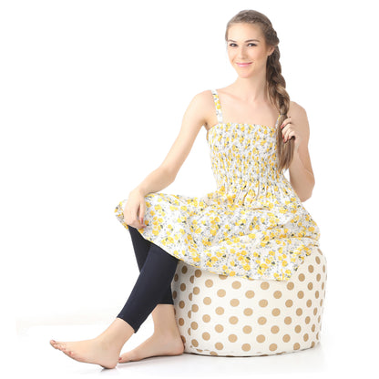 Style Homez Round Ottoman, Cotton Canvas Polka Dots Printed Bean Bag Stool Large Size Filled with Beans Fillers, Gold Color