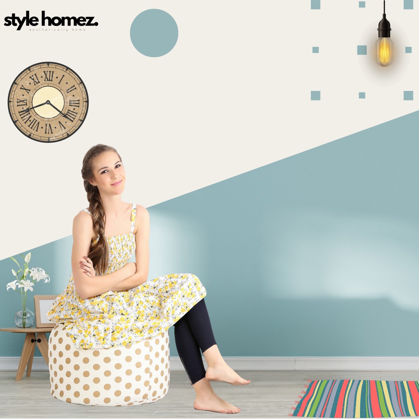 Style Homez Round Ottoman, Cotton Canvas Polka Dots Printed Bean Bag Stool Large Size Filled with Beans Fillers, Gold Color