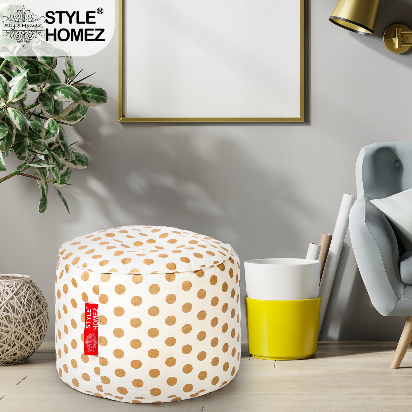 Style Homez Round Ottoman, Cotton Canvas Polka Dots Printed Bean Bag Stool Large Size Filled with Beans Fillers, Gold Color
