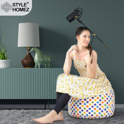 Style Homez Round Ottoman, Cotton Canvas Polka Dots Printed Bean Bag Stool Large Size Filled with Beans Fillers, Multi Color