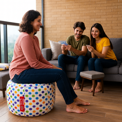 Style Homez Round Ottoman, Cotton Canvas Polka Dots Printed Bean Bag Stool Large Size Filled with Beans Fillers, Multi Color
