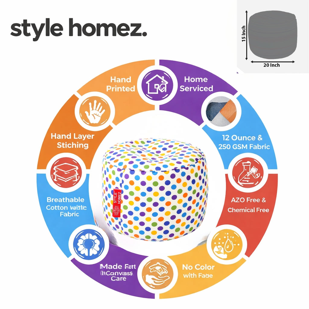 Style Homez Round Ottoman, Cotton Canvas Polka Dots Printed Bean Bag Stool Large Size Filled with Beans Fillers, Multi Color