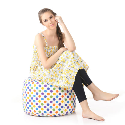 Style Homez Round Ottoman, Cotton Canvas Polka Dots Printed Bean Bag Stool Large Size Filled with Beans Fillers, Multi Color