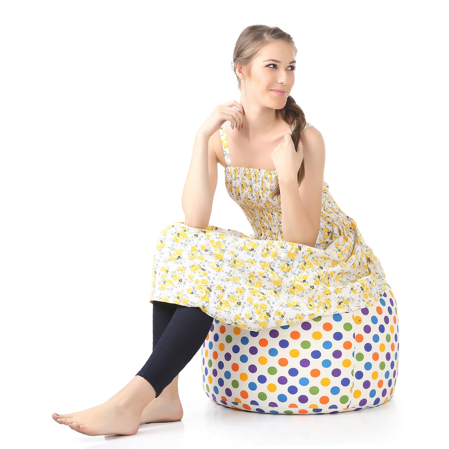 Style Homez Round Ottoman, Cotton Canvas Polka Dots Printed Bean Bag Stool Large Size Filled with Beans Fillers, Multi Color