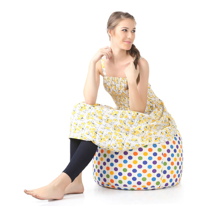 Style Homez Round Ottoman, Cotton Canvas Polka Dots Printed Bean Bag Stool Large Size Filled with Beans Fillers, Multi Color