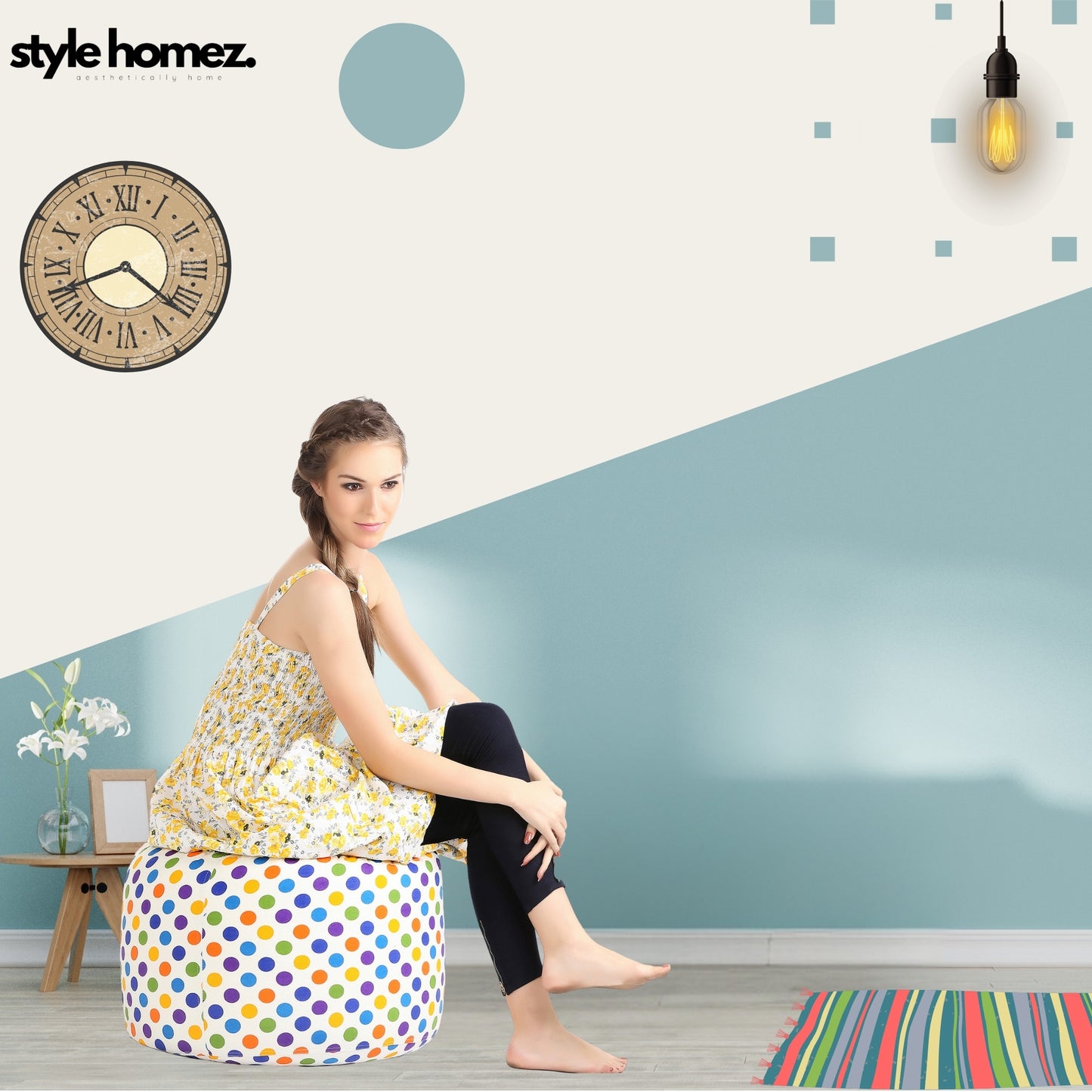 Style Homez Round Ottoman, Cotton Canvas Polka Dots Printed Bean Bag Stool Large Size Filled with Beans Fillers, Multi Color