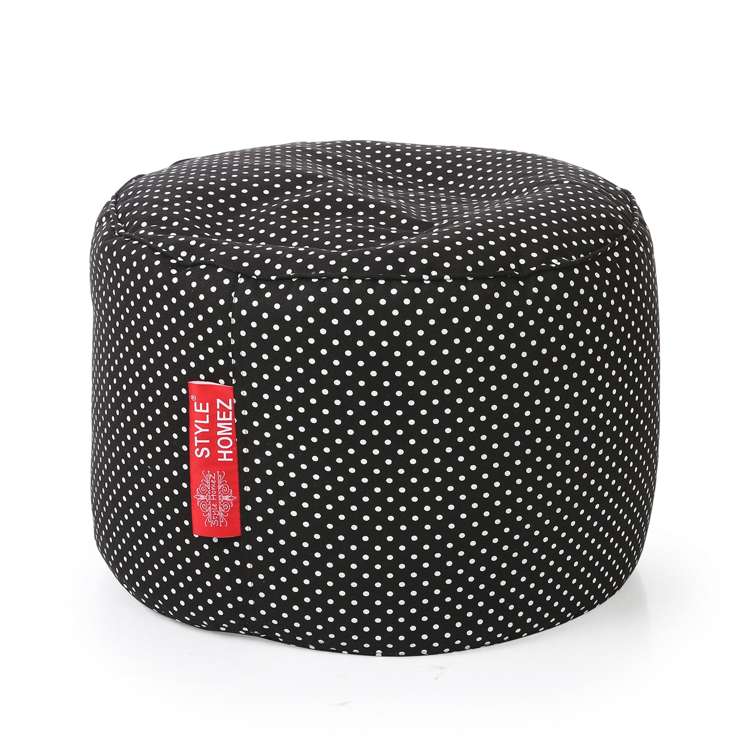 Style Homez Round Ottoman, Cotton Canvas Polka Dots Printed Bean Bag Stool Large Size Filled with Beans Fillers, Black Color
