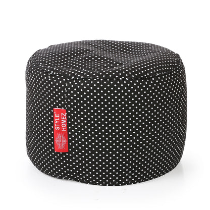 Style Homez Round Ottoman, Cotton Canvas Polka Dots Printed Bean Bag Stool Large Size Filled with Beans Fillers, Black Color