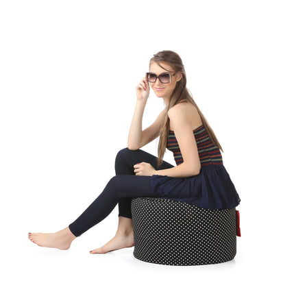 Style Homez Round Ottoman, Cotton Canvas Polka Dots Printed Bean Bag Stool Large Size Filled with Beans Fillers, Black Color