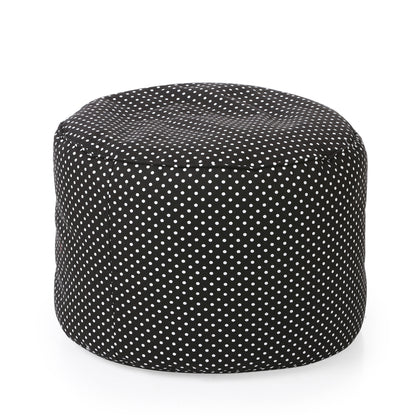 Style Homez Round Ottoman, Cotton Canvas Polka Dots Printed Bean Bag Stool Large Size Filled with Beans Fillers, Black Color