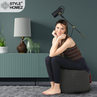 Style Homez Round Ottoman, Cotton Canvas Polka Dots Printed Bean Bag Stool Large Size Filled with Beans Fillers, Black Color