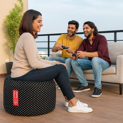 Style Homez Round Ottoman, Cotton Canvas Polka Dots Printed Bean Bag Stool Large Size Filled with Beans Fillers, Black Color
