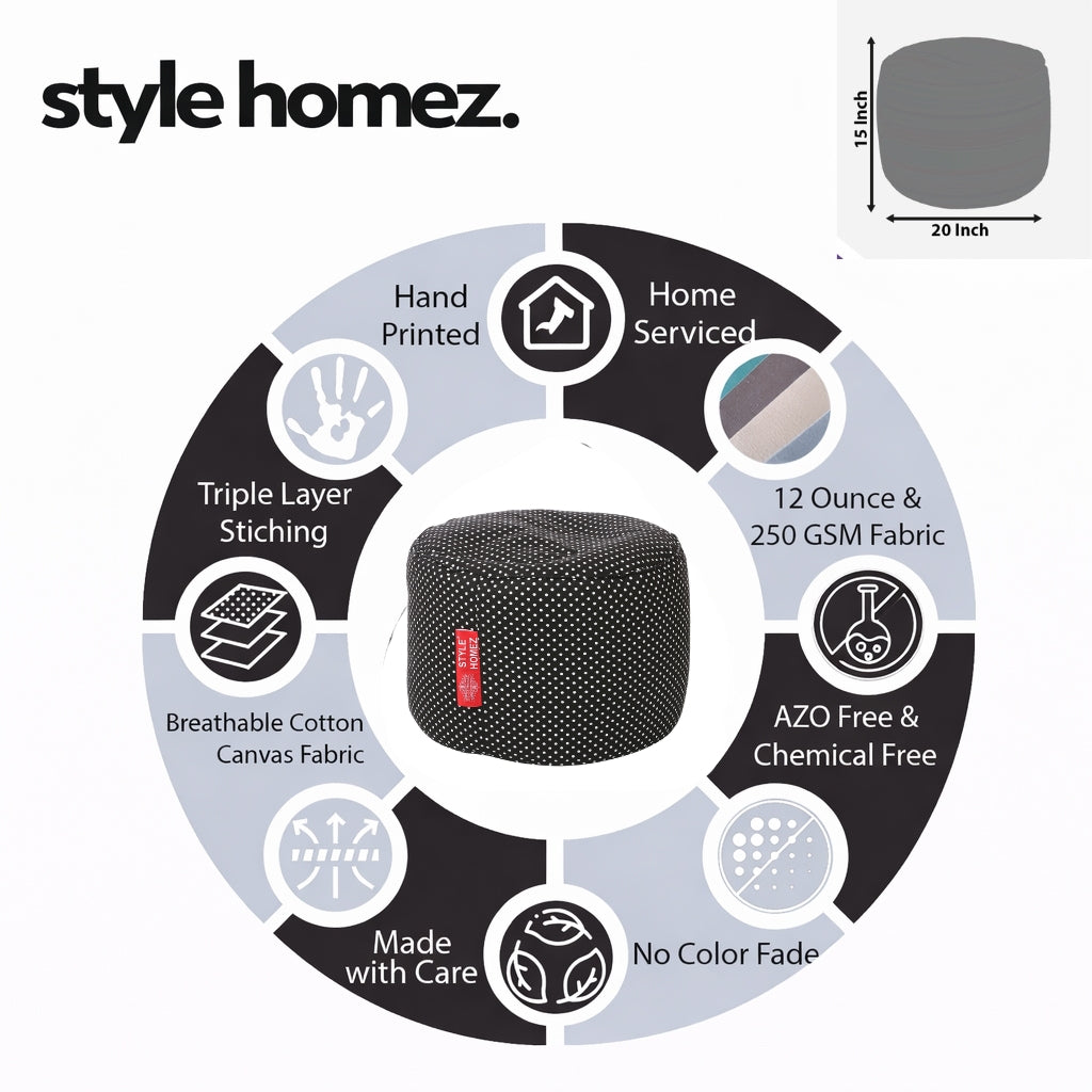 Style Homez Round Ottoman, Cotton Canvas Polka Dots Printed Bean Bag Stool Large Size Filled with Beans Fillers, Black Color