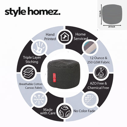 Style Homez Round Ottoman, Cotton Canvas Polka Dots Printed Bean Bag Stool Large Size Filled with Beans Fillers, Black Color