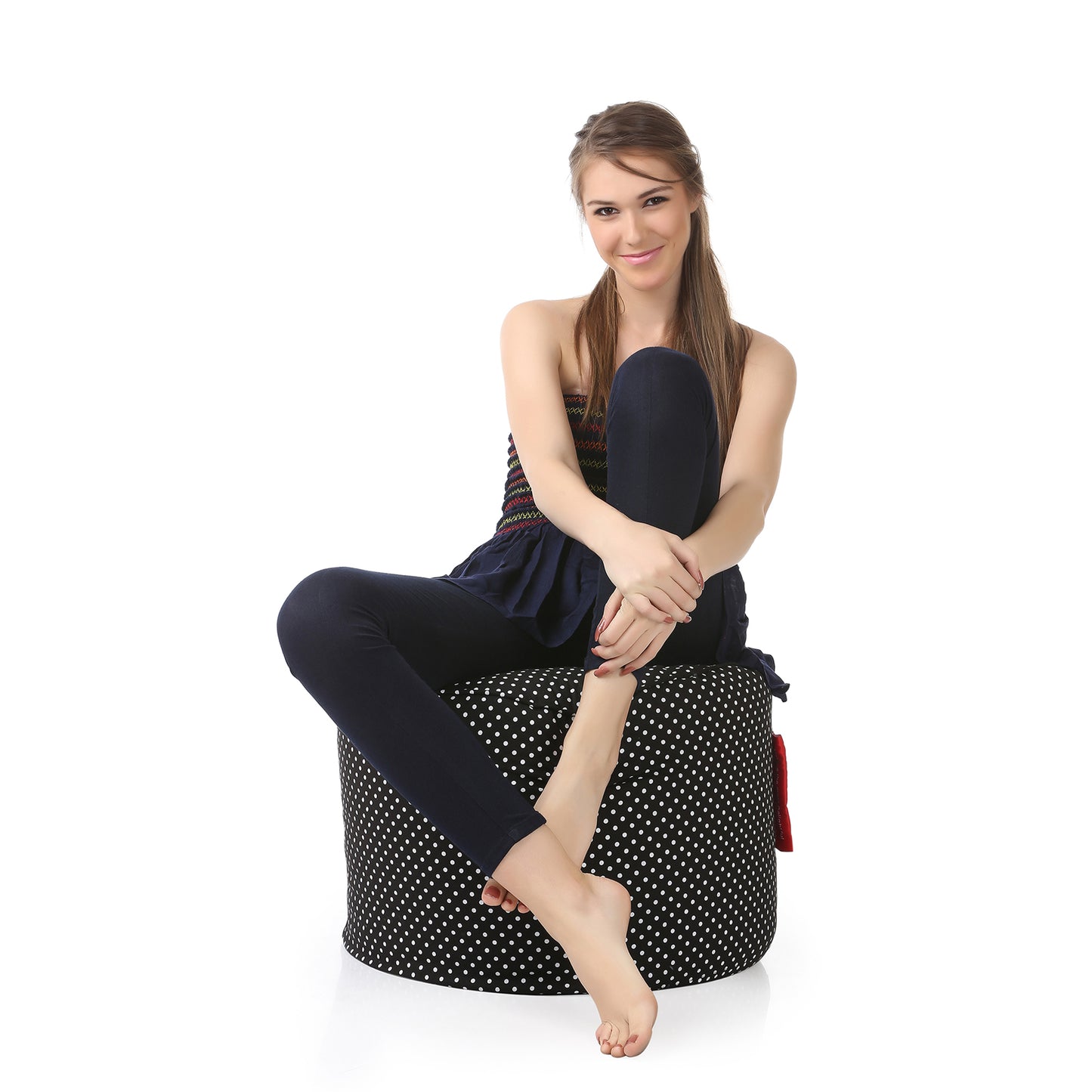 Style Homez Round Ottoman, Cotton Canvas Polka Dots Printed Bean Bag Stool Large Size Filled with Beans Fillers, Black Color