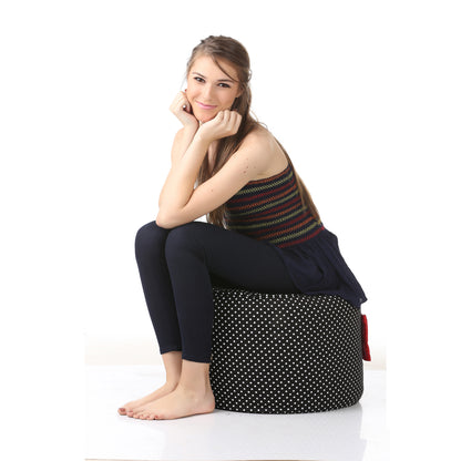Style Homez Round Ottoman, Cotton Canvas Polka Dots Printed Bean Bag Stool Large Size Filled with Beans Fillers, Black Color