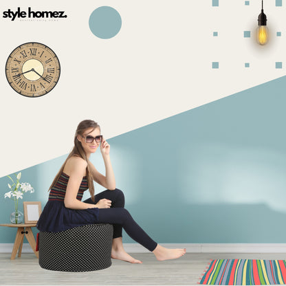 Style Homez Round Ottoman, Cotton Canvas Polka Dots Printed Bean Bag Stool Large Size Filled with Beans Fillers, Black Color