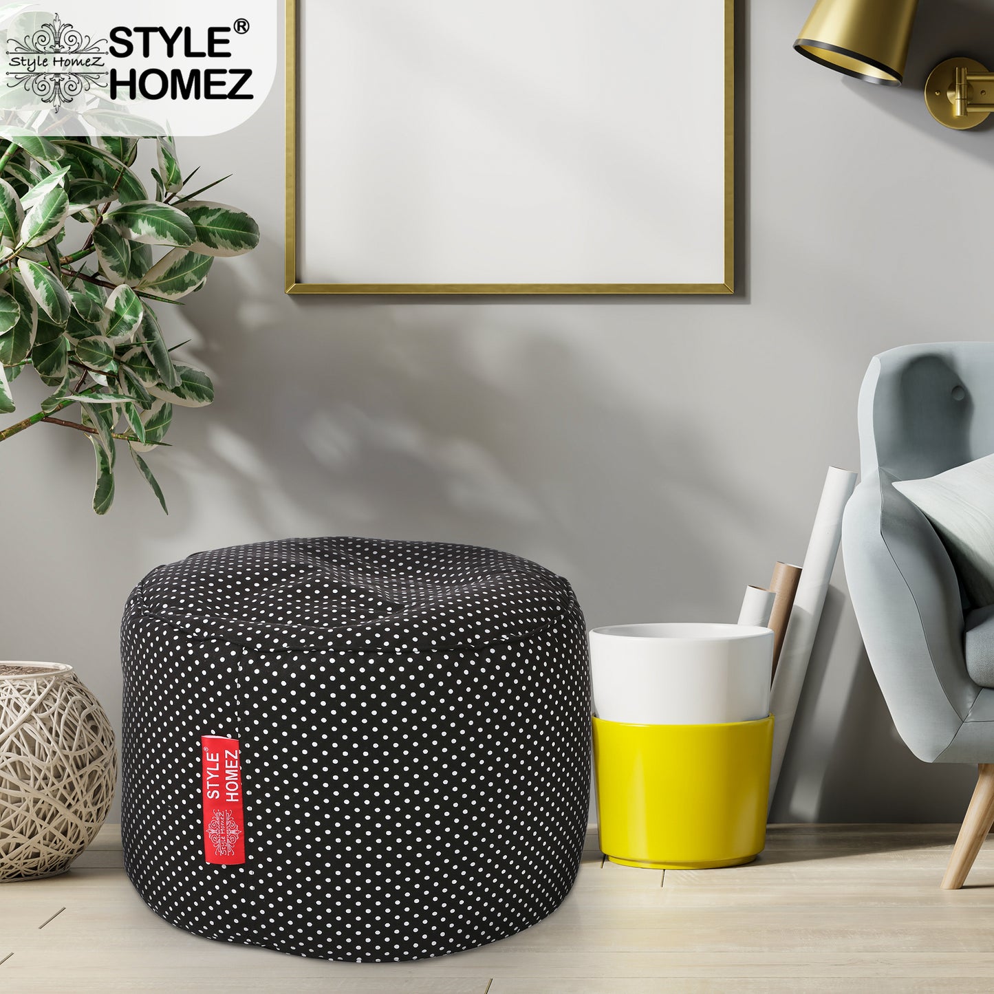 Style Homez Round Ottoman, Cotton Canvas Polka Dots Printed Bean Bag Stool Large Size Filled with Beans Fillers, Black Color
