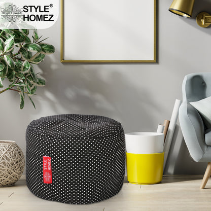 Style Homez Round Ottoman, Cotton Canvas Polka Dots Printed Bean Bag Stool Large Size Filled with Beans Fillers, Black Color