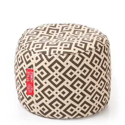 Style Homez Round Ottoman, Cotton Canvas Geometric Printed Bean Bag Stool Large Size Filled with Beans Fillers, Brown Color