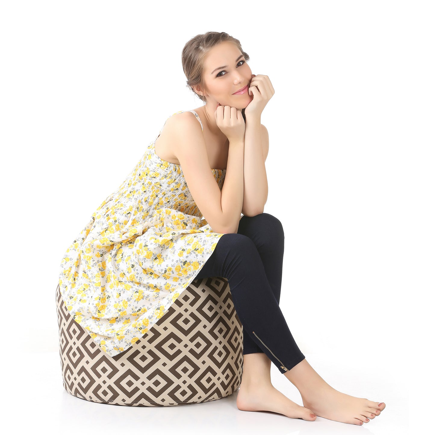 Style Homez Round Ottoman, Cotton Canvas Geometric Printed Bean Bag Stool Large Size Filled with Beans Fillers, Brown Color