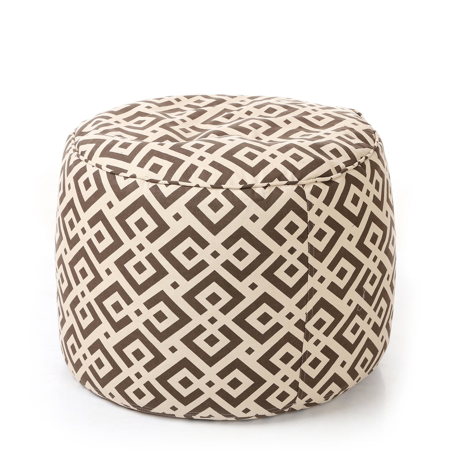 Style Homez Round Ottoman, Cotton Canvas Geometric Printed Bean Bag Stool Large Size Filled with Beans Fillers, Brown Color