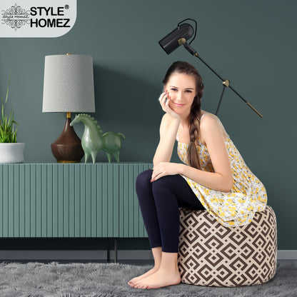 Style Homez Round Ottoman, Cotton Canvas Geometric Printed Bean Bag Stool Large Size Filled with Beans Fillers, Brown Color