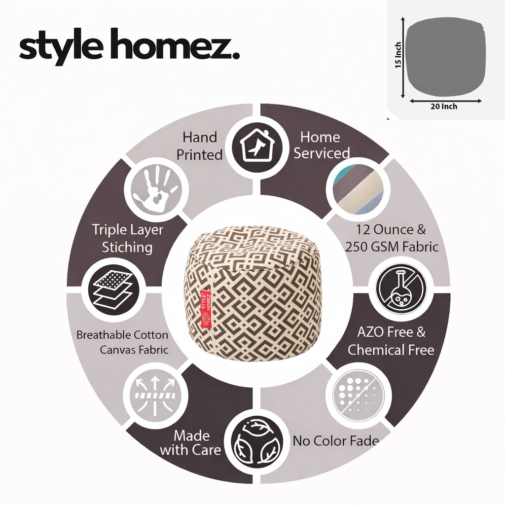 Style Homez Round Ottoman, Cotton Canvas Geometric Printed Bean Bag Stool Large Size Filled with Beans Fillers, Brown Color