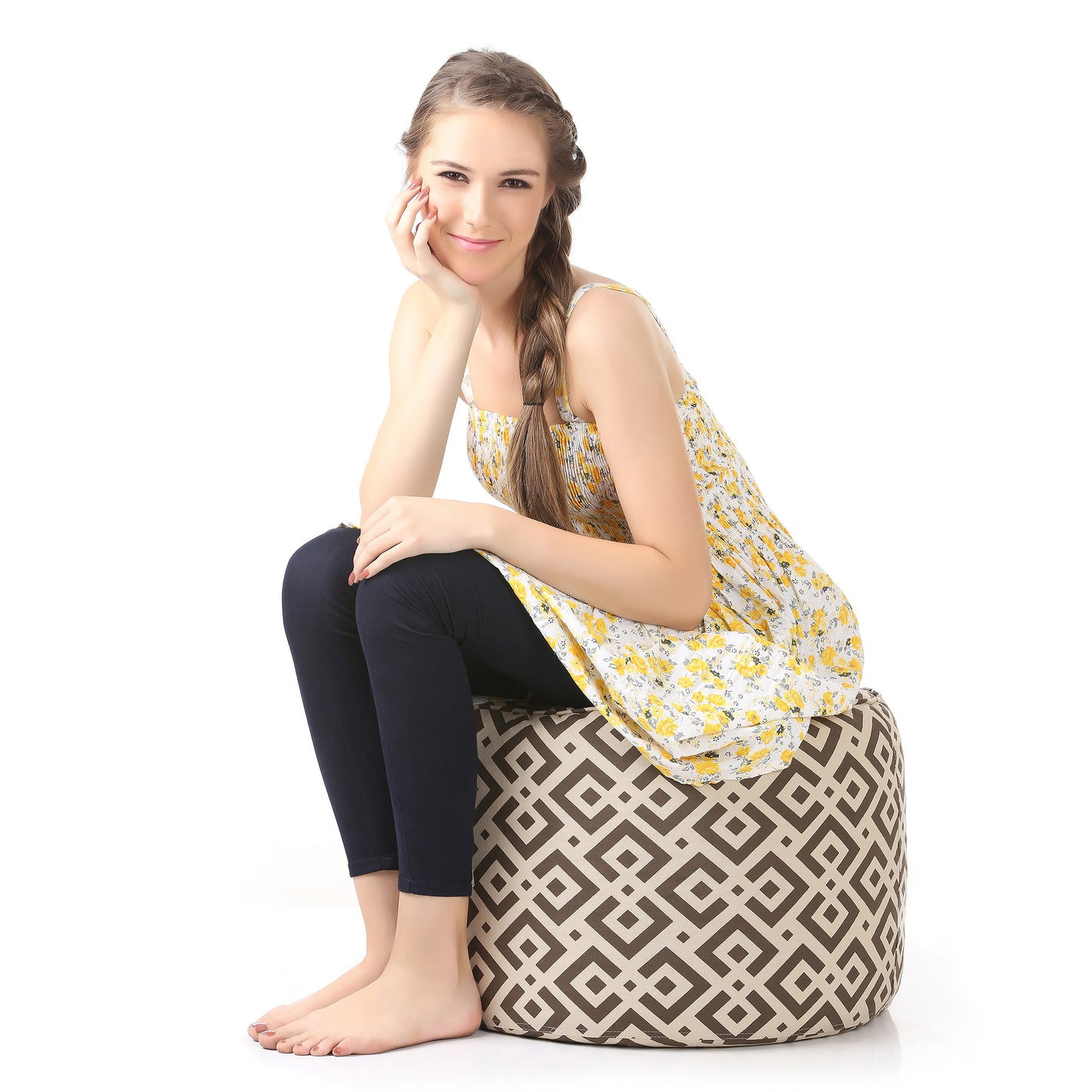 Style Homez Round Ottoman, Cotton Canvas Geometric Printed Bean Bag Stool Large Size Filled with Beans Fillers, Brown Color