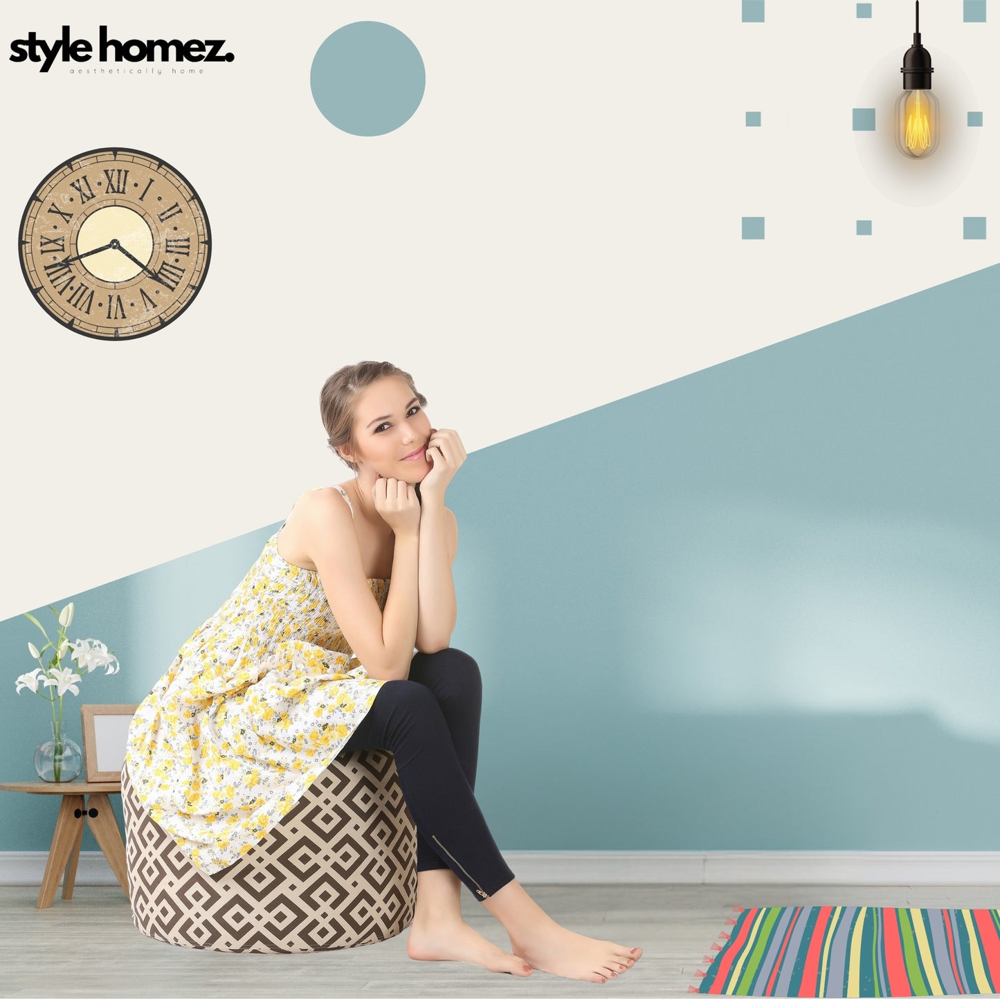 Style Homez Round Ottoman, Cotton Canvas Geometric Printed Bean Bag Stool Large Size Filled with Beans Fillers, Brown Color