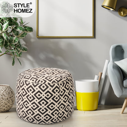Style Homez Round Ottoman, Cotton Canvas Geometric Printed Bean Bag Stool Large Size Filled with Beans Fillers, Brown Color
