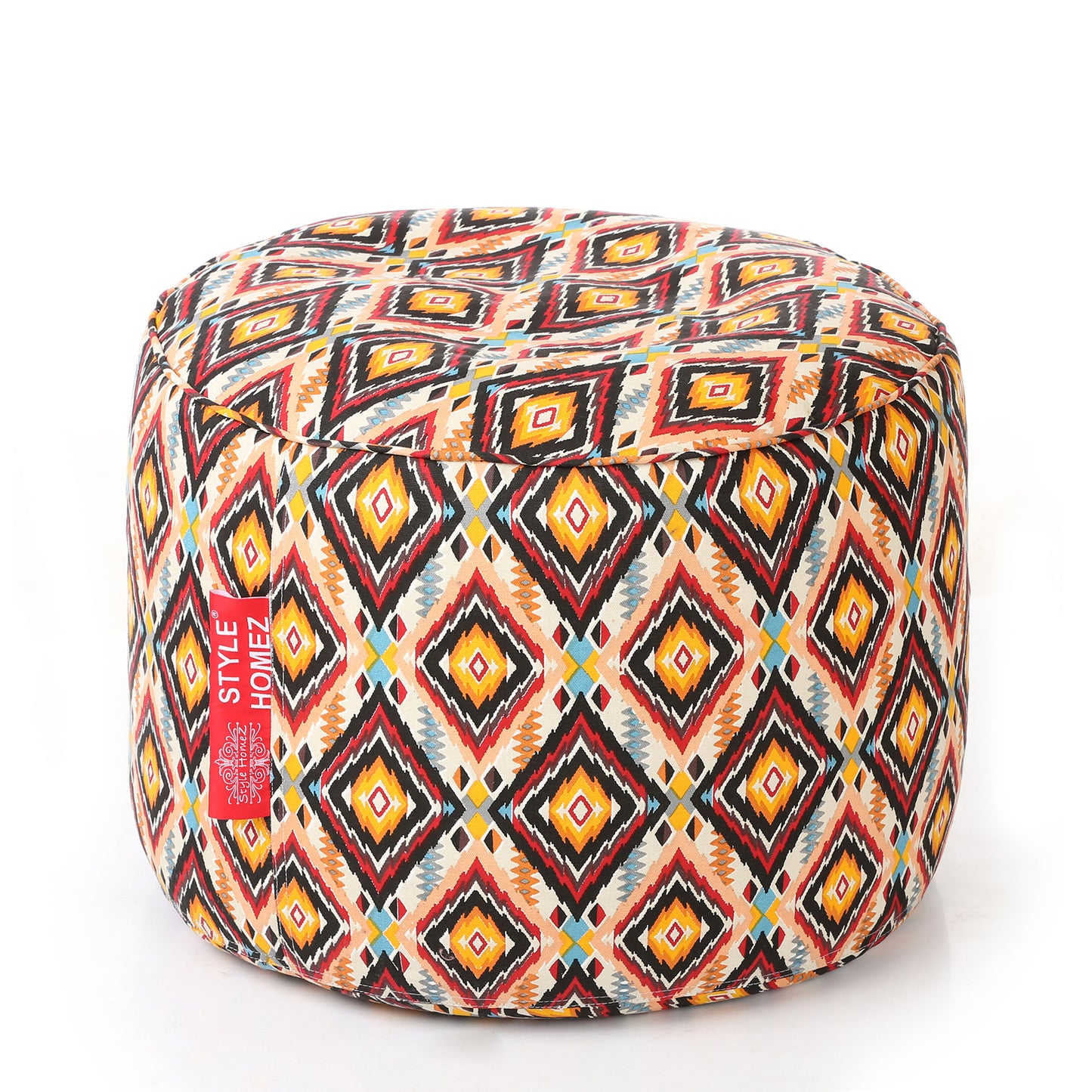 Style Homez Round Ottoman, Cotton Canvas Geometric Printed Bean Bag Stool Large Size Filled with Beans, Multi Color