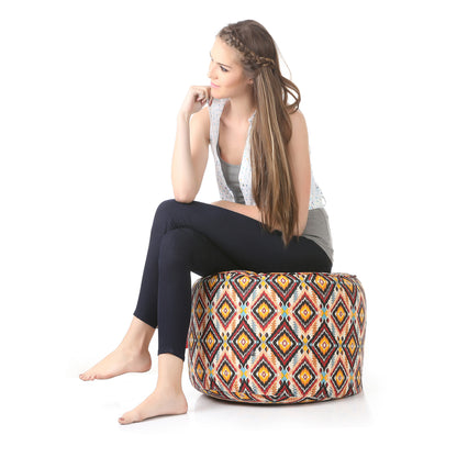 Style Homez Round Ottoman, Cotton Canvas Geometric Printed Bean Bag Stool Large Size Filled with Beans, Multi Color