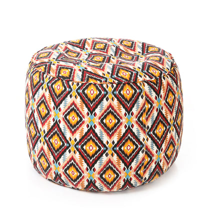 Style Homez Round Ottoman, Cotton Canvas Geometric Printed Bean Bag Stool Large Size Filled with Beans, Multi Color