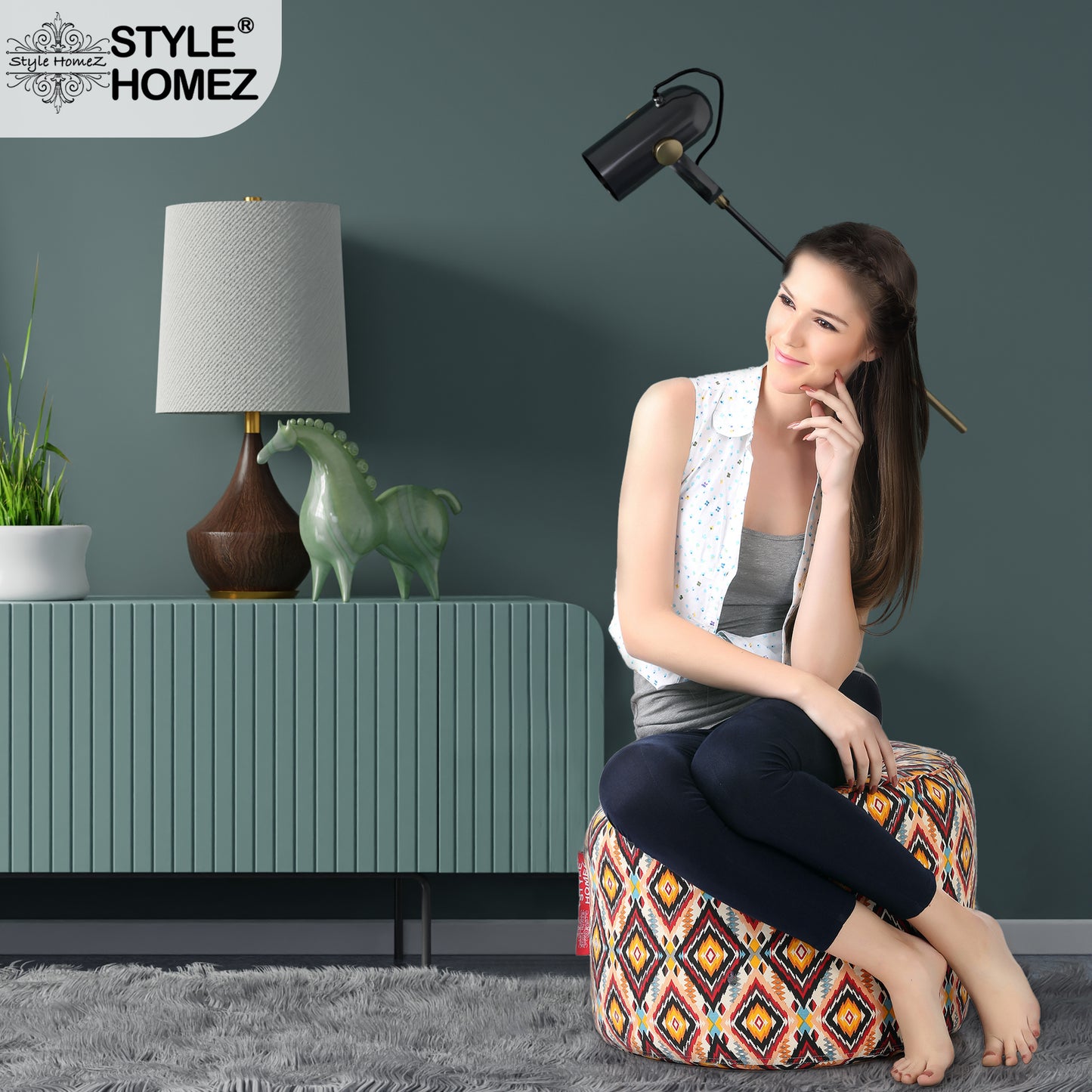 Style Homez Round Ottoman, Cotton Canvas Geometric Printed Bean Bag Stool Large Size Filled with Beans, Multi Color