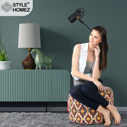 Style Homez Round Ottoman, Cotton Canvas Geometric Printed Bean Bag Stool Large Size Filled with Beans, Multi Color