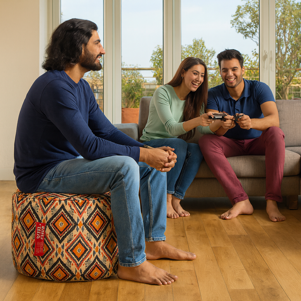 Style Homez Round Ottoman, Cotton Canvas Geometric Printed Bean Bag Stool Large Size Filled with Beans, Multi Color