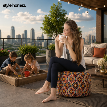 Style Homez Round Ottoman, Cotton Canvas Geometric Printed Bean Bag Stool Large Size Filled with Beans, Multi Color