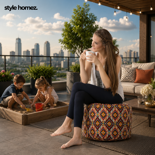 Style Homez Round Ottoman, Cotton Canvas Geometric Printed Bean Bag Stool Large Size Filled with Beans, Multi Color