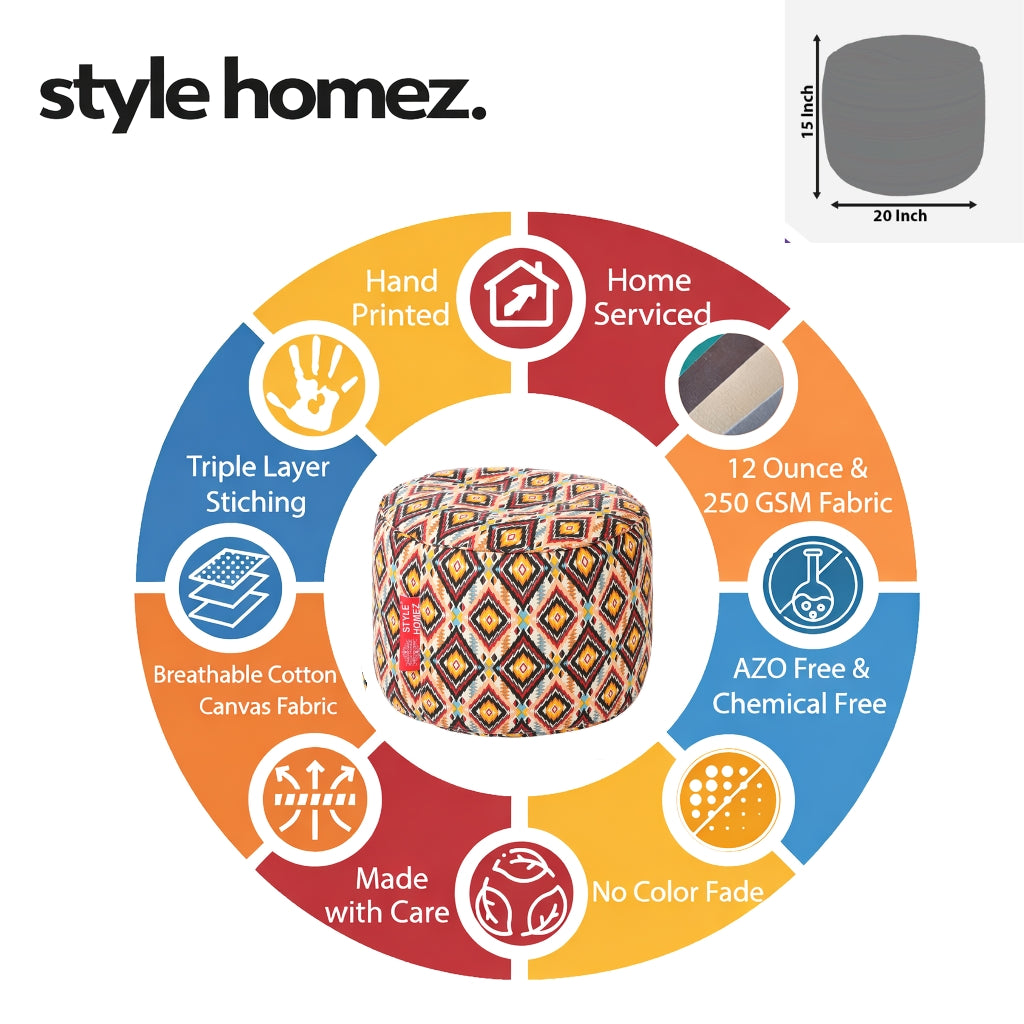 Style Homez Round Ottoman, Cotton Canvas Geometric Printed Bean Bag Stool Large Size Filled with Beans, Multi Color