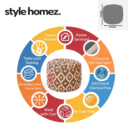 Style Homez Round Ottoman, Cotton Canvas Geometric Printed Bean Bag Stool Large Size Filled with Beans, Multi Color