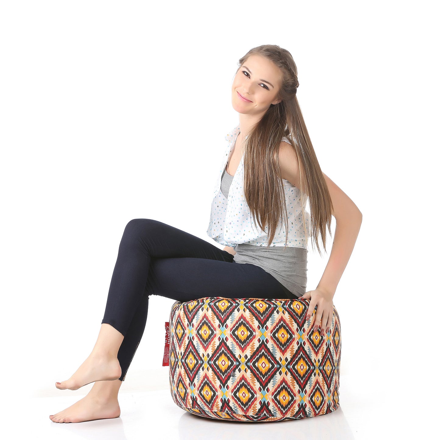 Style Homez Round Ottoman, Cotton Canvas Geometric Printed Bean Bag Stool Large Size Filled with Beans, Multi Color
