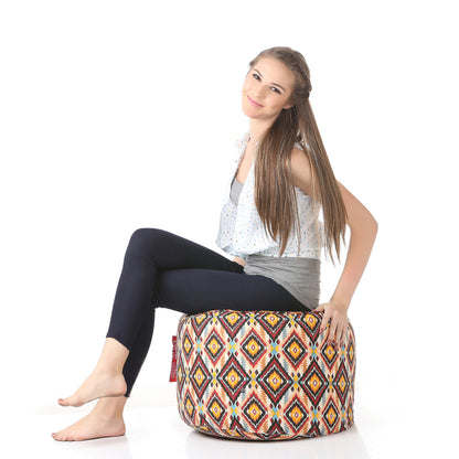 Style Homez Round Ottoman, Cotton Canvas Geometric Printed Bean Bag Stool Large Size Filled with Beans, Multi Color