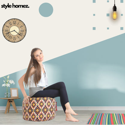 Style Homez Round Ottoman, Cotton Canvas Geometric Printed Bean Bag Stool Large Size Filled with Beans, Multi Color