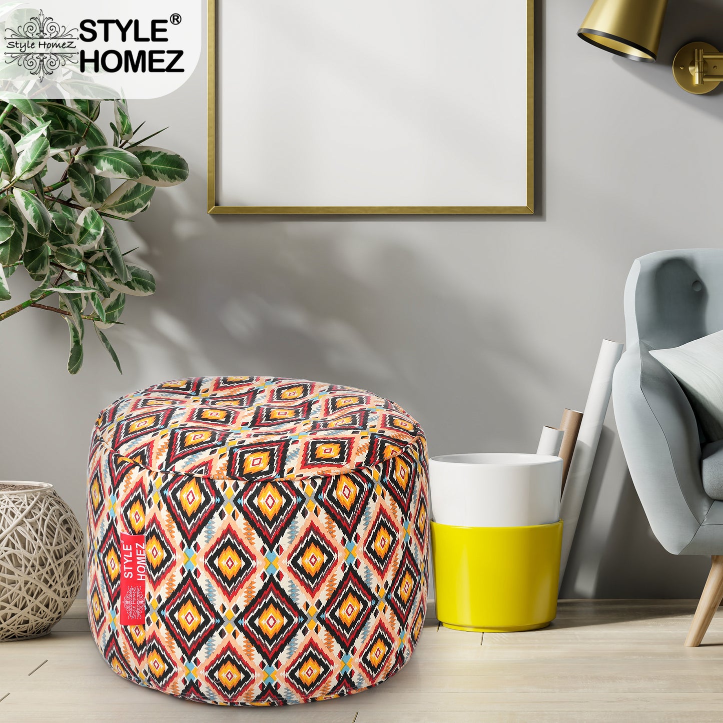 Style Homez Round Ottoman, Cotton Canvas Geometric Printed Bean Bag Stool Large Size Filled with Beans, Multi Color