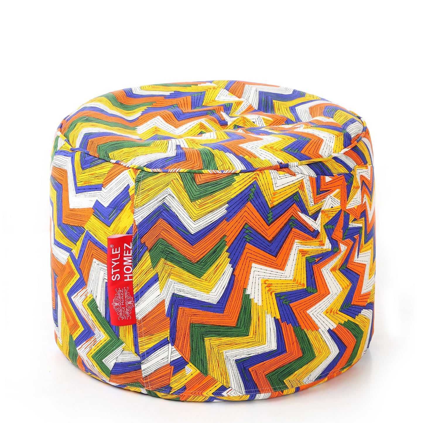 Style Homez Round Ottoman, Cotton Canvas Geometric Printed Bean Bag Stool Large Size Filled with Beans, Multi Color