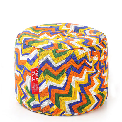 Style Homez Round Ottoman, Cotton Canvas Geometric Printed Bean Bag Stool Large Size Filled with Beans, Multi Color