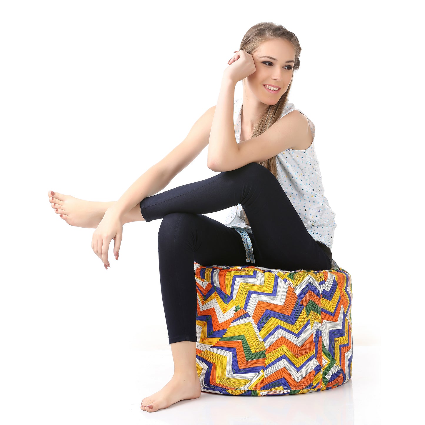 Style Homez Round Ottoman, Cotton Canvas Geometric Printed Bean Bag Stool Large Size Filled with Beans, Multi Color