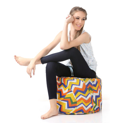 Style Homez Round Ottoman, Cotton Canvas Geometric Printed Bean Bag Stool Large Size Filled with Beans, Multi Color