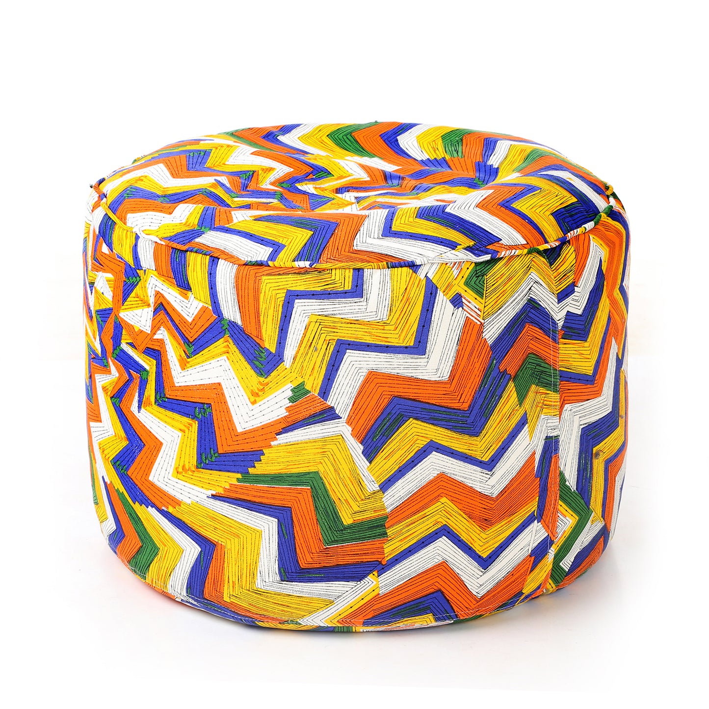 Style Homez Round Ottoman, Cotton Canvas Geometric Printed Bean Bag Stool Large Size Filled with Beans, Multi Color